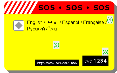 Das Bild zeigt die Rückansicht der SOS-Karte. Auch diese ist in den Signalfarben Gelb und Rot gehalten.